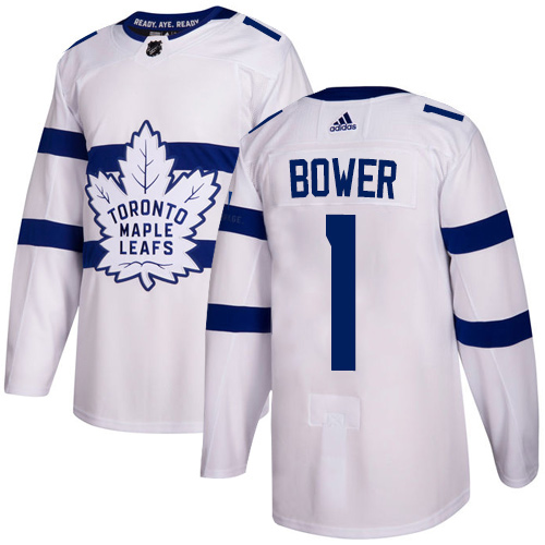 Adidas Maple Leafs #1 Johnny Bower White Authentic 2018 Stadium Series Stitched NHL Jersey - Click Image to Close